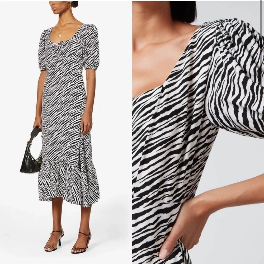 Faithfull The Brand Gabriela Zebra Stripe Black White Puff Sleeve Midi Dress M - Picture 2 of 10